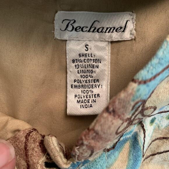 BECHAMEL WOMEN'S TAN/BLUE ARTSY FLORAL BUTTON FRONT JACKET/BLAZER SIZE SMALL-EUC - Picture 3 of 4